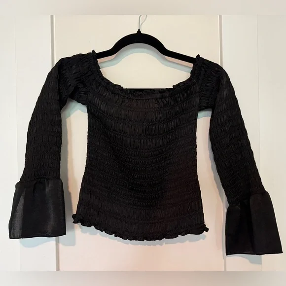 FRAME Smocked Off Shoulder Top in Black Size XS - Picture 16 of 16
